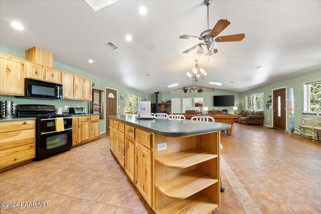 kitchen featuring visible vents, black appliances, light brown cabinetry, open shelves, and dark countertops