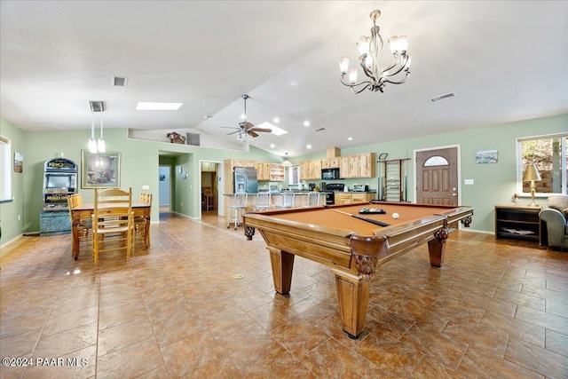 rec room featuring visible vents, a ceiling fan, billiards, vaulted ceiling with skylight, and baseboards