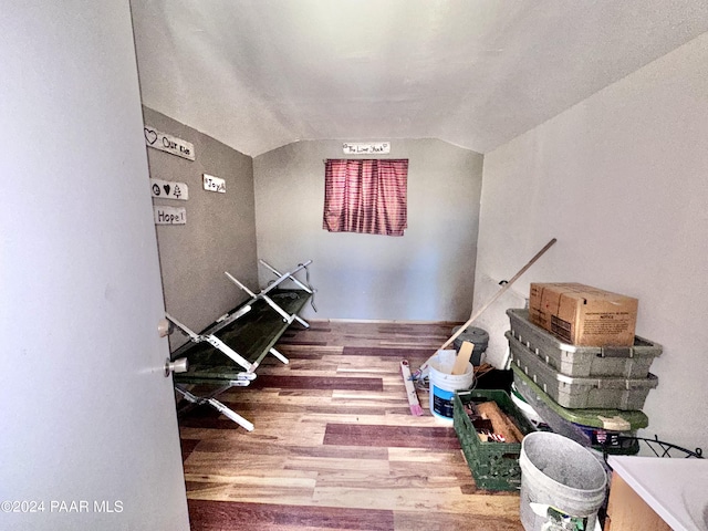 interior space featuring hardwood / wood-style floors and lofted ceiling