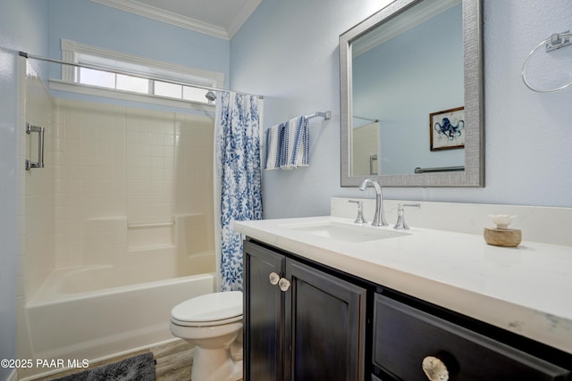 full bathroom featuring vanity, shower / bath combination with curtain, toilet, ornamental molding, and hardwood / wood-style flooring