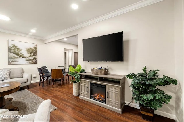 living room with dark hardwood / wood-style flooring and crown molding