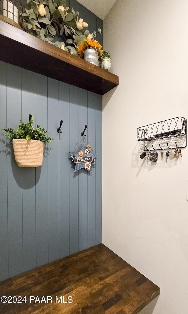 mudroom with dark wood-style floors