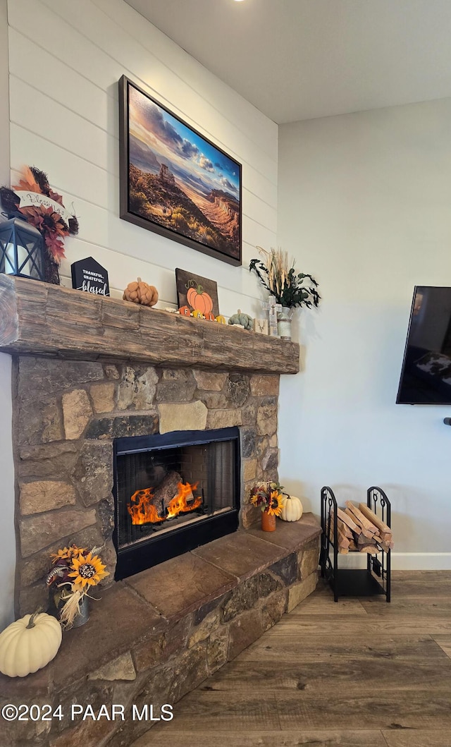 details featuring a fireplace, wood finished floors, and baseboards