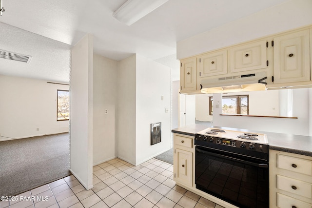 401 Valley Pl, Prescott, AZ 86301 - kitchen with light carpet, under cabinet range hood, visible vents, black electric range, and cream cabinetry