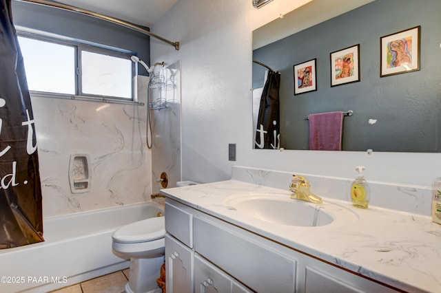 full bathroom featuring vanity, shower / tub combo with curtain, tile patterned floors, and toilet