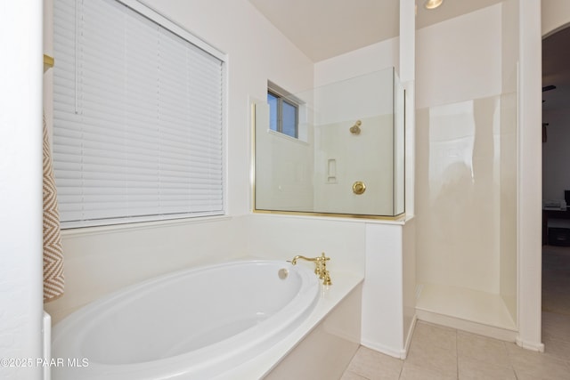 6543 E Falon Ln, Prescott Valley, AZ 86314 - bathroom featuring a bath, tile patterned flooring, and walk in shower