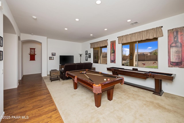 6543 E Falon Ln, Prescott Valley, AZ 86314 - game room with wood finished floors, recessed lighting, pool table, and arched walkways