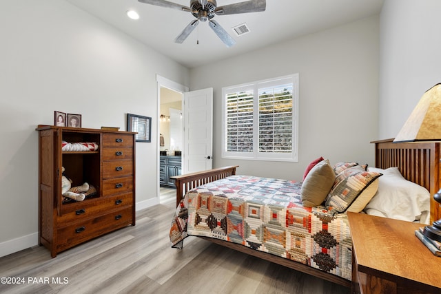 bedroom with light wood finished floors, baseboards, visible vents, a ceiling fan, and recessed lighting