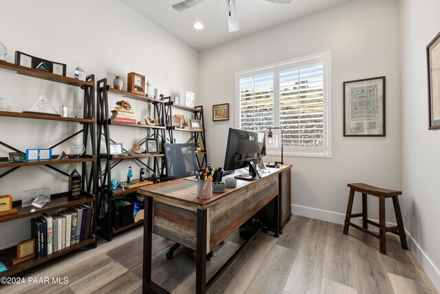 office space with recessed lighting, ceiling fan, baseboards, and wood finished floors