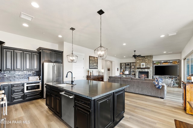 kitchen with appliances with stainless steel finishes, light wood-style flooring, a sink, and dark cabinetry