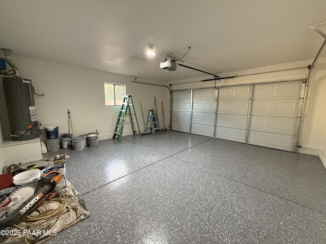 garage with a garage door opener and water heater