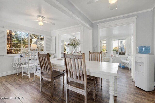 dining space featuring a wealth of natural light, hardwood / wood-style floors, and ornamental molding