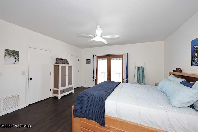 bedroom with wood finished floors, visible vents, ceiling fan, french doors, and access to outside