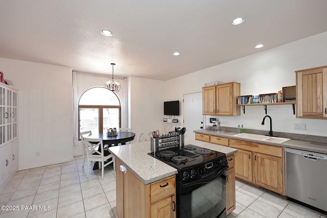 kitchen with light tile patterned floors, open shelves, a sink, black range with electric stovetop, and stainless steel dishwasher