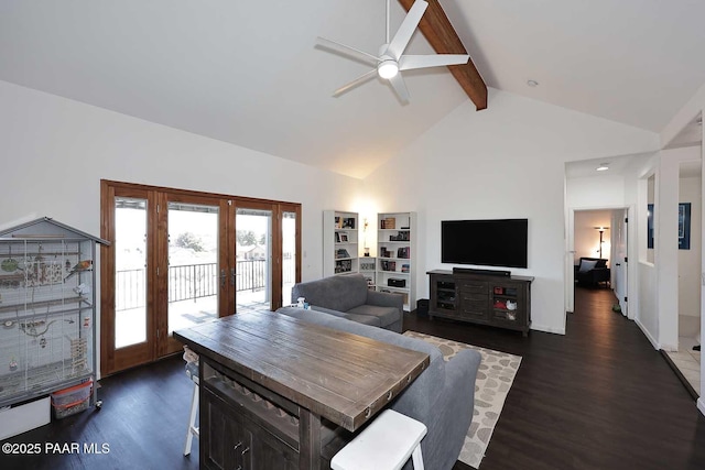 dining area with high vaulted ceiling, ceiling fan, dark wood-type flooring, french doors, and beamed ceiling