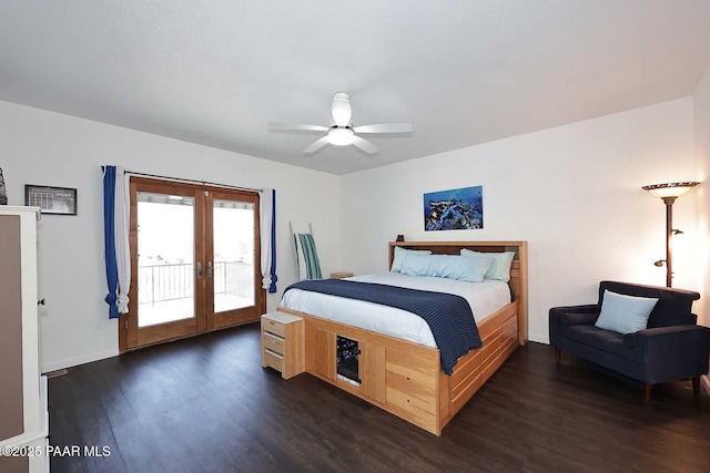 bedroom with a ceiling fan, access to outside, wood finished floors, french doors, and baseboards