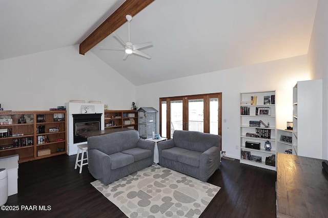 living area with dark wood-type flooring, french doors, lofted ceiling with beams, and ceiling fan