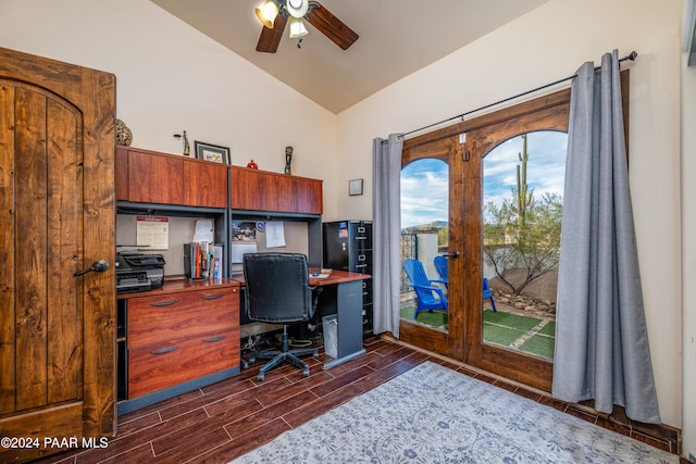 home office with french doors, ceiling fan, and lofted ceiling