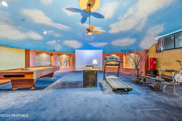 recreation room with carpet floors, vaulted ceiling, ceiling fan, and pool table