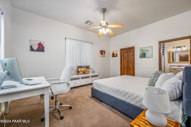 carpeted bedroom with ceiling fan