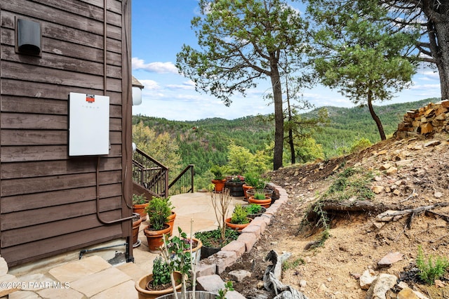view of yard with a patio, stairway, and a wooded view