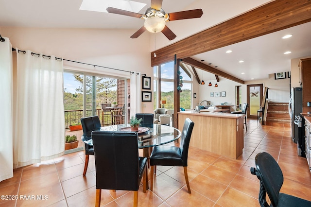 dining room featuring recessed lighting, light tile patterned flooring, ceiling fan, and vaulted ceiling with beams