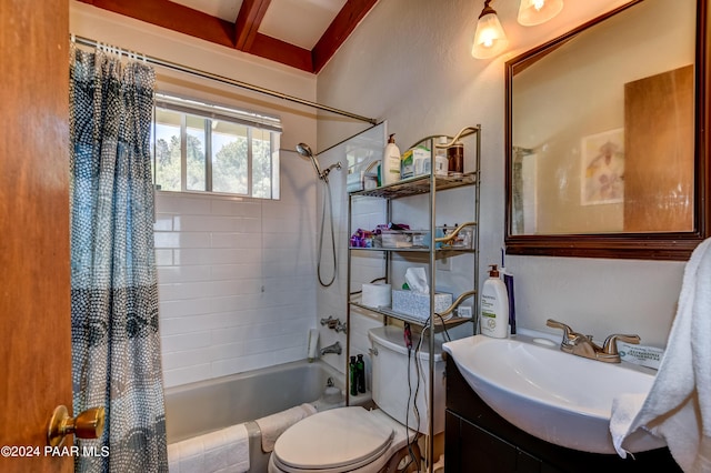 full bathroom with beam ceiling, vanity, toilet, and shower / bathtub combination with curtain