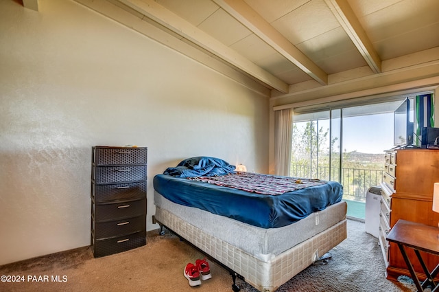carpeted bedroom featuring lofted ceiling with beams and access to outside