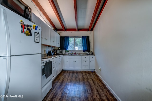 kitchen with white cabinets, dark wood-type flooring, and white appliances