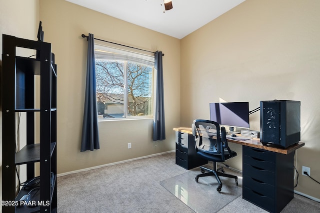 office space with ceiling fan and light colored carpet