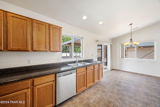 kitchen with dishwasher, sink, a notable chandelier, pendant lighting, and vaulted ceiling