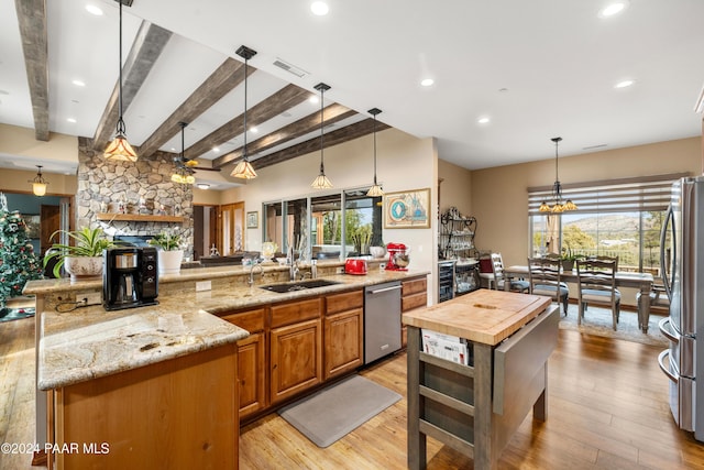 kitchen featuring hanging light fixtures, stainless steel appliances, light hardwood / wood-style flooring, and a wealth of natural light