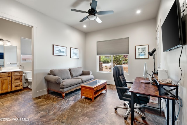 home office featuring recessed lighting, a ceiling fan, and baseboards