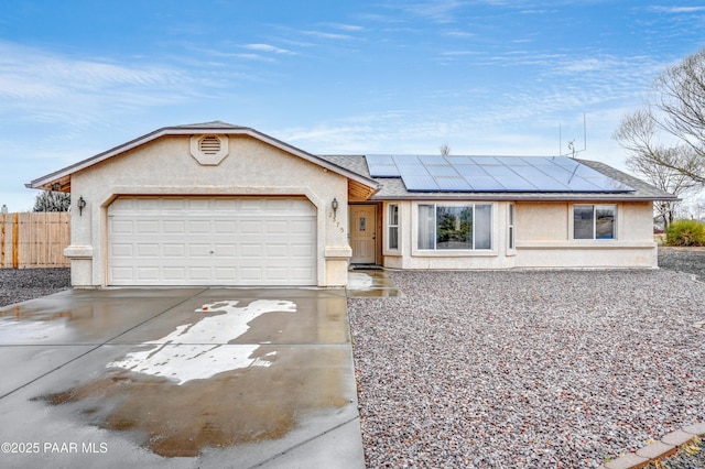 ranch-style house with a shingled roof, stucco siding, a garage, and concrete driveway