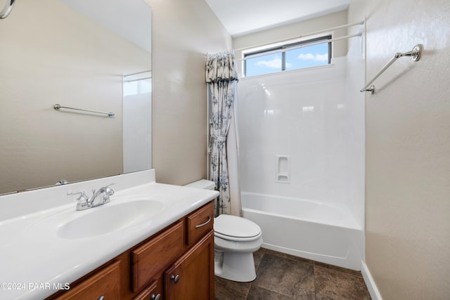 full bathroom with vanity, toilet, and shower / bath combo with shower curtain