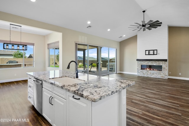 kitchen featuring vaulted ceiling, a wealth of natural light, dark wood-type flooring, and an island with sink