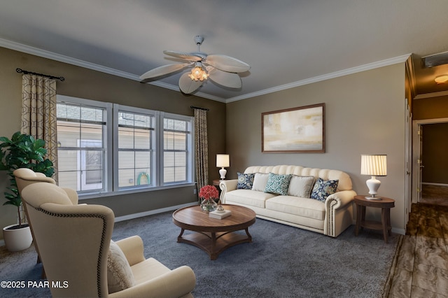 1836 Bond Cir, Prescott Valley, AZ 86314 - carpeted living room with baseboards, ceiling fan, and crown molding