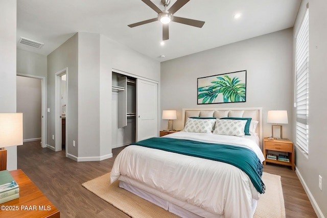 5248 Tranquil Bluff Way, Prescott, AZ 86301 - bedroom with wood finished floors, a closet, baseboards, a ceiling fan, and recessed lighting