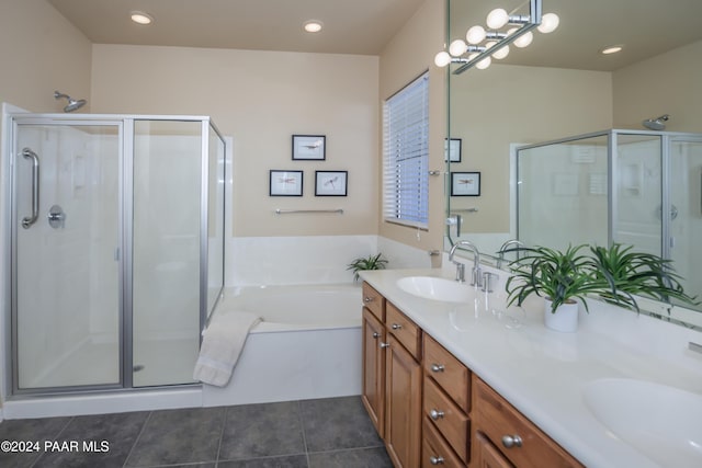 bathroom with separate shower and tub, tile patterned flooring, and vanity