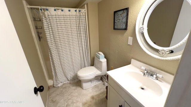 885 S Rancho Vista Dr, Prescott, AZ 86303 - full bathroom with vanity, toilet, a textured wall, curtained shower, and tile patterned floors