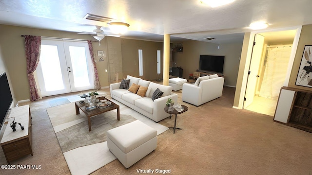 885 S Rancho Vista Dr, Prescott, AZ 86303 - carpeted living room featuring ceiling fan, baseboards, and french doors