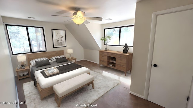 885 S Rancho Vista Dr, Prescott, AZ 86303 - bedroom with baseboards, wood finished floors, lofted ceiling, and a ceiling fan