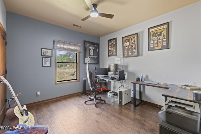 office space with ceiling fan and dark hardwood / wood-style flooring