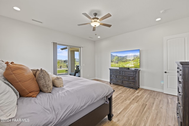 bedroom with access to outside, ceiling fan, and light wood-type flooring