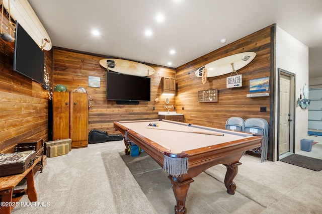 1501 W Kelly Dr, Prescott, AZ 86305 - recreation room with carpet, wooden walls, pool table, and recessed lighting