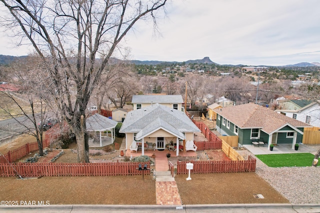 drone / aerial view featuring a mountain view