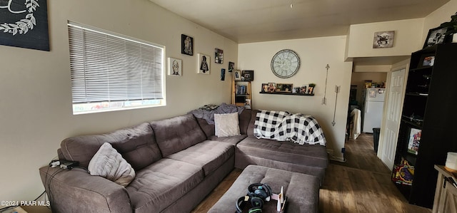 living room featuring dark wood-type flooring