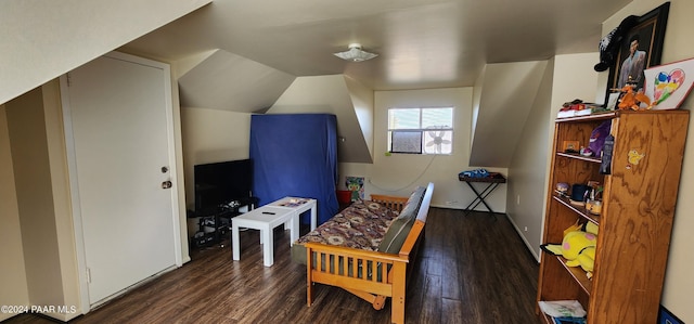 recreation room featuring dark wood-type flooring and vaulted ceiling