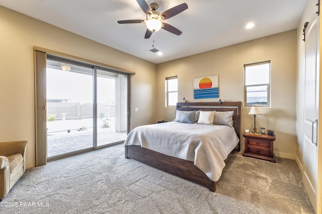 carpeted bedroom featuring recessed lighting, baseboards, access to exterior, visible vents, and a ceiling fan
