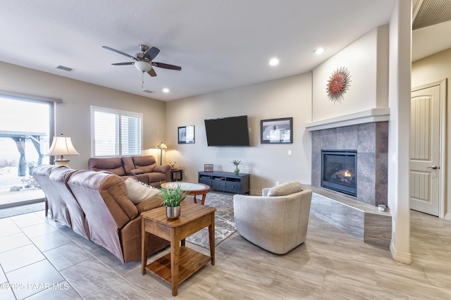 carpeted office with baseboards, visible vents, ceiling fan, and recessed lighting